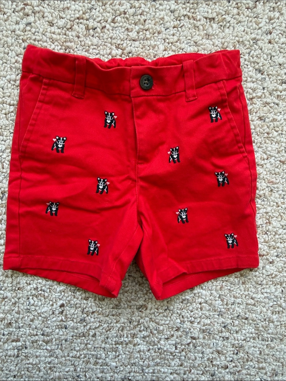 Janie and Jack Red Shorts with Embroidered Puppy Motifs